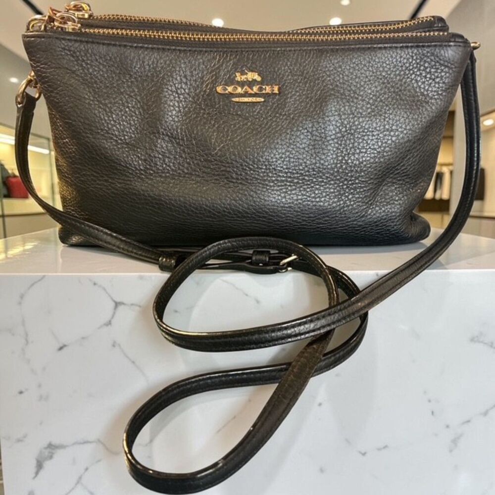Coach Black Pebbled Leather Double Zip Crossbody Bag Gold Hardware